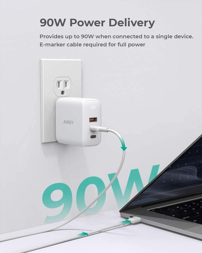 Aukey Charger 1xUSB-A 2xUSB-C 3A 90W EU Plug, white