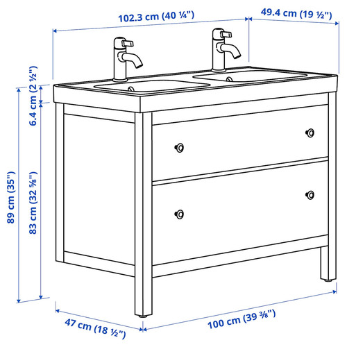 HEMNES / ORRSJÖN Wash-stnd w drawers/wash-basin/taps, white, 102x49x89 cm