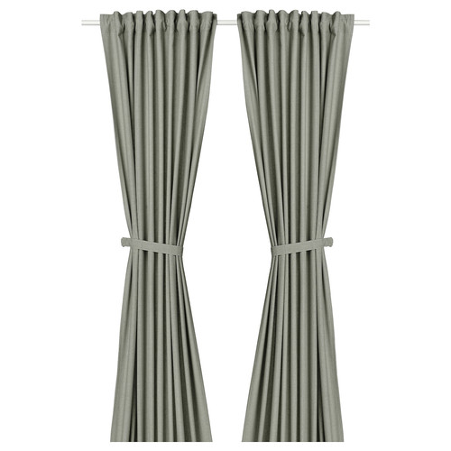 LENDA Curtains with tie-backs, 1 pair, light grey-green, 140x300 cm