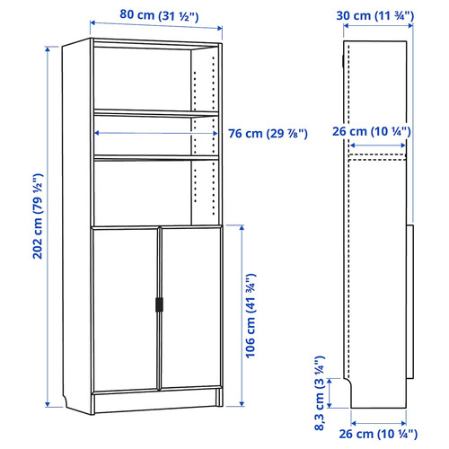 BILLY / HÖGBO Bookcase w glass doors, black oak effect, 80x30x202 cm