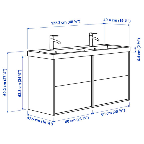 TÄNNFORSEN / ORRSJÖN Wash-stand/wash-basin/taps, light grey, 122x49x74 cm