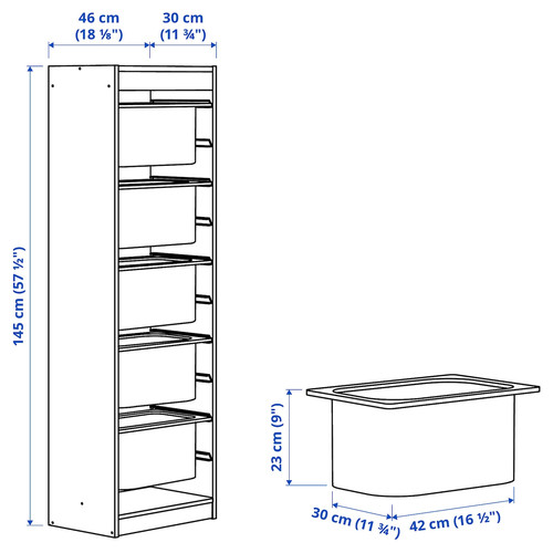 TROFAST Storage combination with boxes, white/light blue, 46x30x145 cm