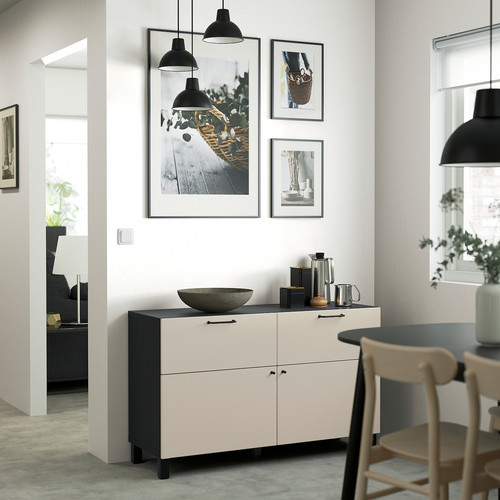 BESTÅ Storage combination w doors/drawers, black-brown/Lappviken/Stubbarp light grey-beige, 120x42x74 cm