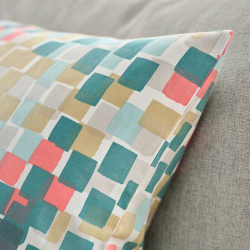 GAFFELBRÄKEN Cushion cover, white/dark grey-turquoise, 65x65 cm