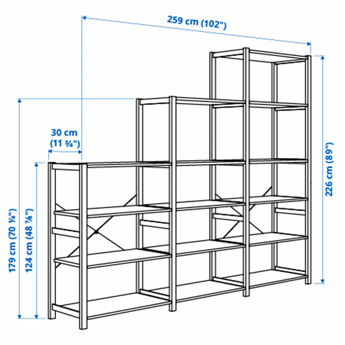 IVAR 3 sections/shelves, pine, 259x30x226 cm