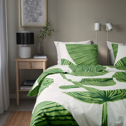 KUNGSCISSUS Duvet cover and 2 pillowcases, white/green, 200x200/50x60 cm