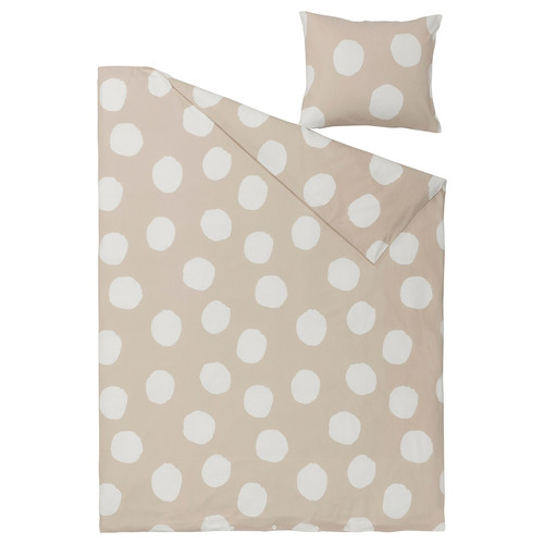 KLYNNETÅG Duvet cover and pillowcase, beige/white/dotted, 150x200/50x60 cm