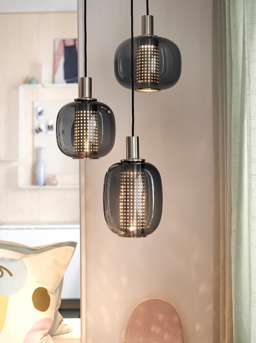 HÖGVIND Pendant lamp with 3 lamps, nickel-plated/grey glass