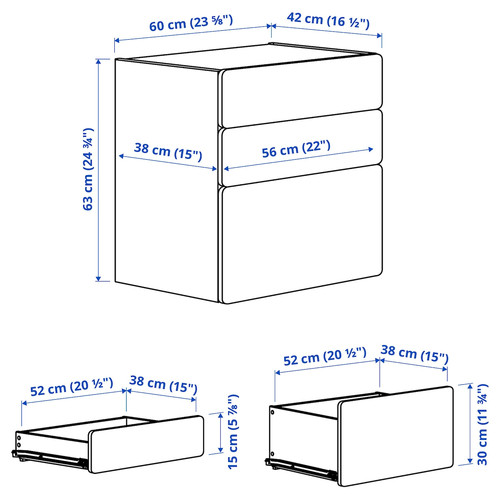 SMÅSTAD / PLATSA Chest of 3 drawers, white/blue, 60x42x63 cm