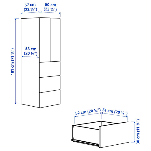 SMÅSTAD / PLATSA Wardrobe, white stripe/lilac with 3 drawers, 60x57x181 cm