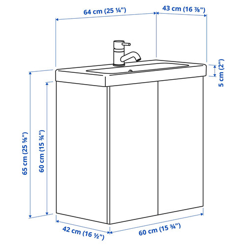 ENHET / TVÄLLEN Wash-stnd w doors/wash-basin/tap, grey/grey frame, 64x43x65 cm