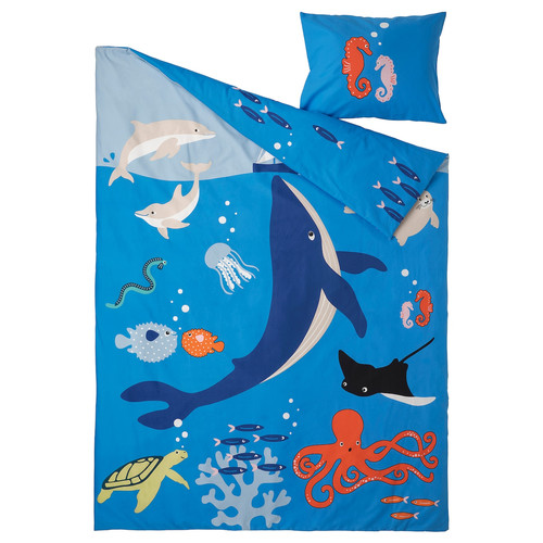 BLÅVINGAD Duvet cover and pillowcase, ocean animals pattern/multicolour, 150x200/50x60 cm