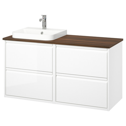 ÄNGSJÖN / BACKSJÖN Wash-stand/wash-basin/tap, high-gloss white/brown walnut effect, 122x49x71 cm
