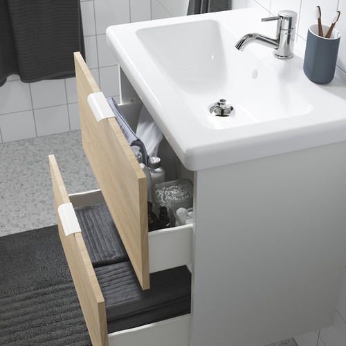 ENHET / TVÄLLEN Wash-stnd w drawers/wash-basin/tap, white/oak effect, 64x43x65 cm