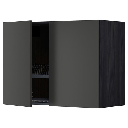 METOD Wall cabinet w dish drainer/2 doors, black/Nickebo matt anthracite, 80x60 cm