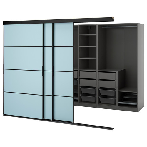 SKYTTA / PAX Walk-in wardrobe with sliding doors, black dark grey/Mehamn light blue, 276x160x205 cm