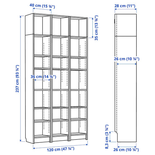 BILLY Bookcase comb w extension units, brown walnut effect, 120x28x237 cm