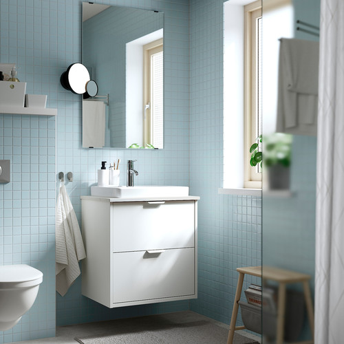 HAVBÄCK / ORRSJÖN Wash-stnd w drawers/wash-basin/tap, white/white marble effect, 62x49x71 cm