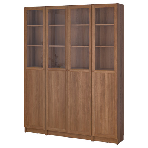 BILLY / OXBERG Bookcase comb w panel/glass doors, brown walnut effect, 160x202 cm