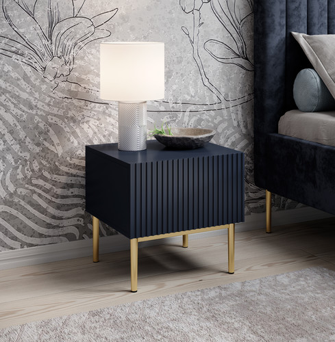 Nightstand Bedside Table Nicole Set of 2, gold legs, dark blue