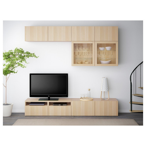 BESTÅ TV storage combination/glass doors, white stained oak effect/Lappviken white stained oak eff clear glass, 240x42x231 cm