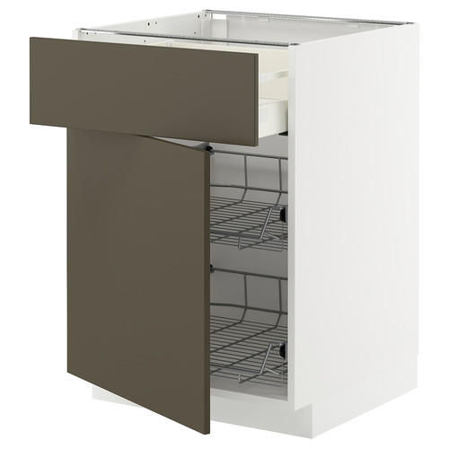 METOD / MAXIMERA Base cab w wire basket/drawer/door, white/Havstorp brown-beige, 60x60 cm