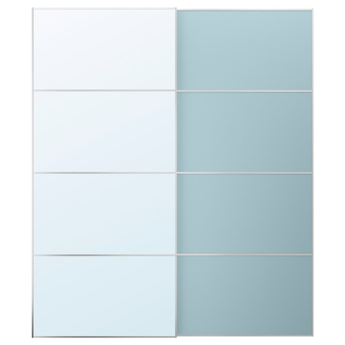 MEHAMN/AULI Pair of sliding doors, aluminium double sided/light blue mirror glass, 200x236 cm