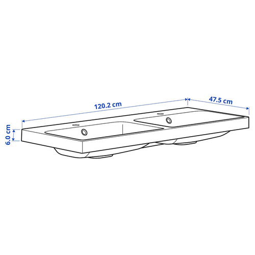 BACKSJÖN Double wash-basin with water trap, white, 120x48 cm