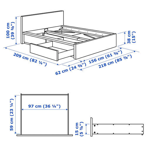 MALM Bed frame, high, w 2 storage boxes, white, Leirsund, 140x200 cm