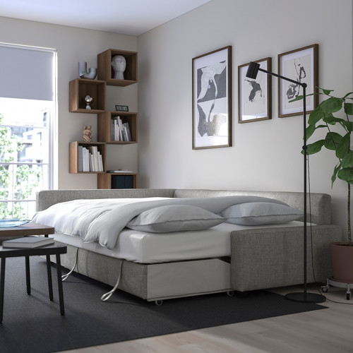 FRIHETEN Corner sofa-bed with storage, with extra back cushions/Faringe light grey