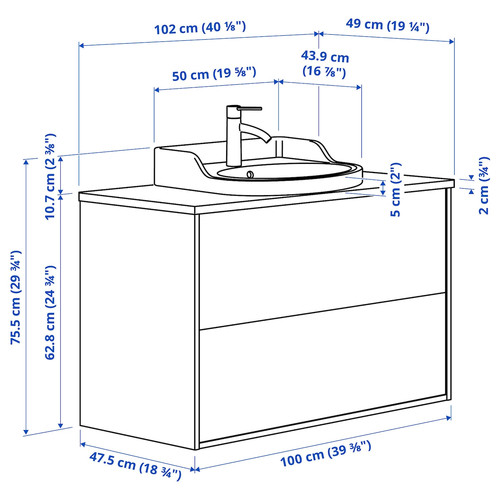 TÄNNFORSEN / RUTSJÖN Wash-stnd w drawers/wash-basin/tap, white/black marble effect, 102x49x76 cm