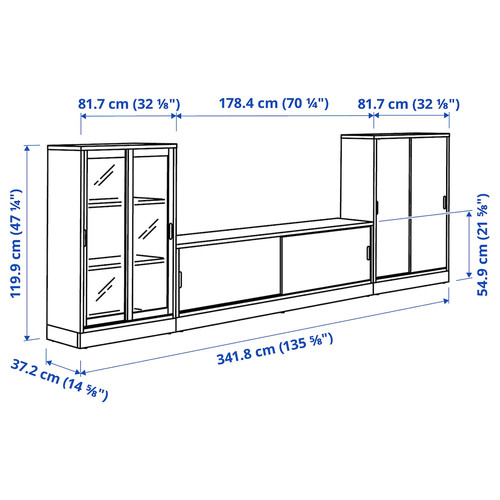 TONSTAD TV/storage comb with sliding doors, oak veneer/clear glass, 342x37x120 cm