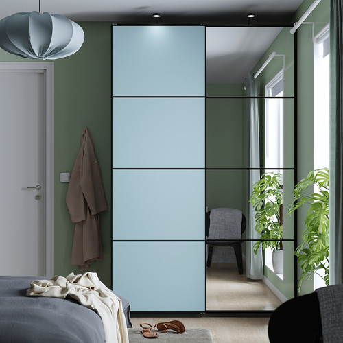 PAX / MEHAMN/AULI Wardrobe with sliding doors, dark grey double sided/light blue mirror glass, 150x44x236 cm