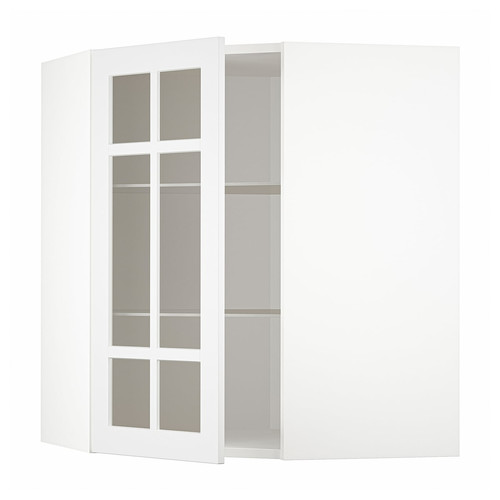 METOD Corner wall cab w shelves/glass dr, white/Stensund white, 68x80 cm