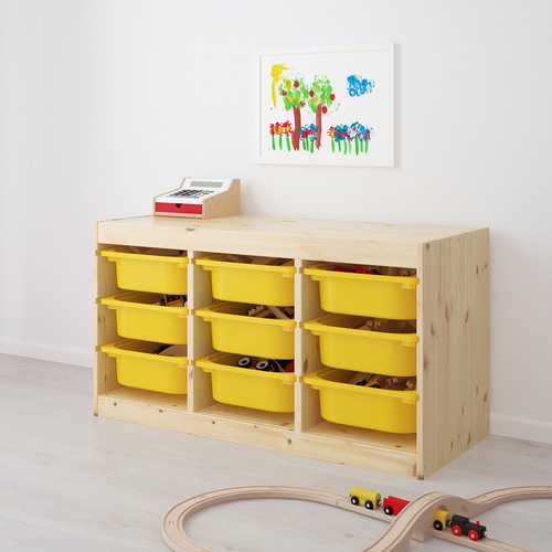 TROFAST Storage combination with boxes, light white stained pine/yellow, 93x44x52 cm