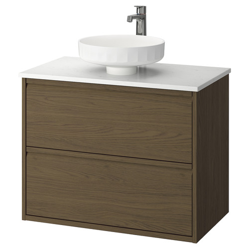 ÄNGSJÖN / LERSJÖN Wash-stnd w drawers/wash-basin/tap, brown oak effect/white marble effect, 82x49x79 cm