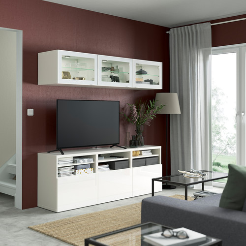 BESTÅ TV storage combination/glass doors, white/Selsviken high-gloss/white clear glass, 180x42x192 cm