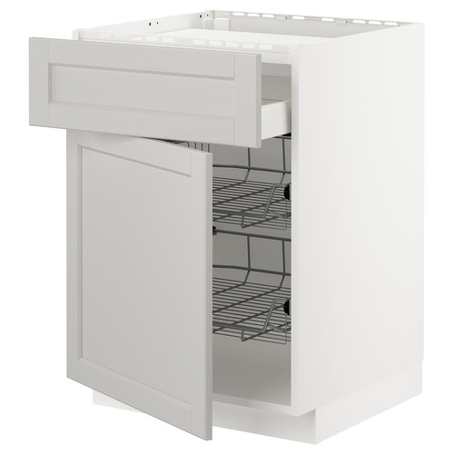 METOD / MAXIMERA Base cab f hob/drawer/2 wire bskts, white/Lerhyttan light grey, 60x60 cm