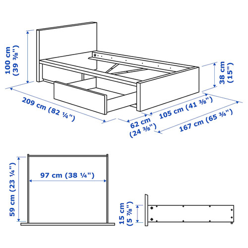 MALM Bed frame, high, w 2 storage boxes, white/Luröy, 90x200 cm