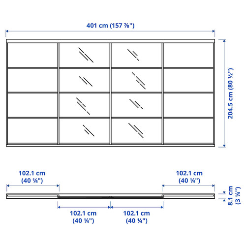 SKYTTA / MEHAMN/AULI Sliding door combination, aluminium/white stained oak effect mirror glass, 401x205 cm