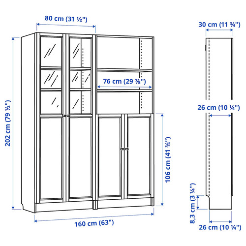 BILLY / OXBERG Bookcase with panel/glass doors, oak effect/clear glass, 160x30x202 cm