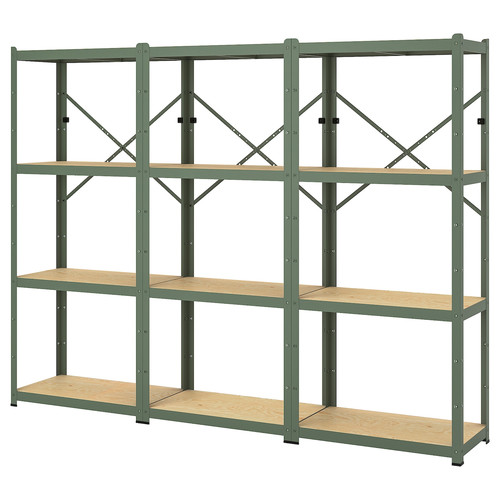 BROR Shelving unit, grey-green/pine plywood, 254x40x190 cm