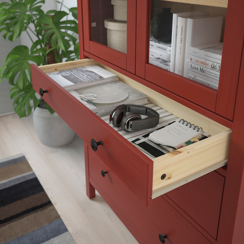 HEMNES Storage combination w doors/drawers, red stained/light brown stained, 270x197 cm