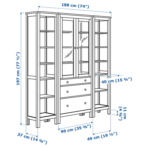 HEMNES Storage combination w doors/drawers, white stained, clear glass, 188x197 cm