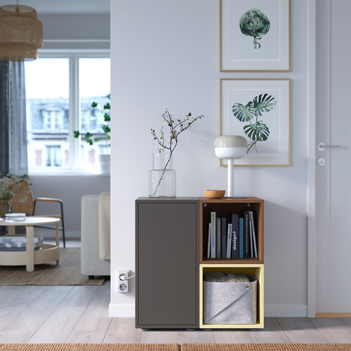 EKET Cabinet combination with feet, dark grey walnut effect/pale yellow, 70x35x72 cm