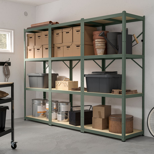 BROR Shelving unit, grey-green/pine plywood, 254x55x190 cm