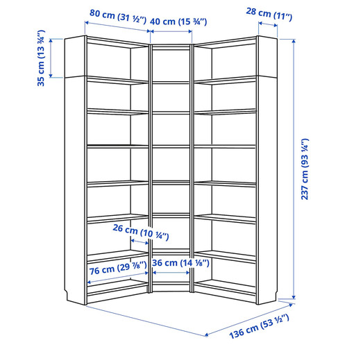 BILLY Bookcase corner comb w ext units, oak effect, 136/136x28x237 cm