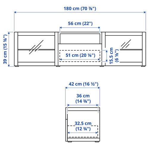 BESTÅ TV bench, white stained oak effect/Lappviken white stained oak eff clear glass, 180x42x39 cm