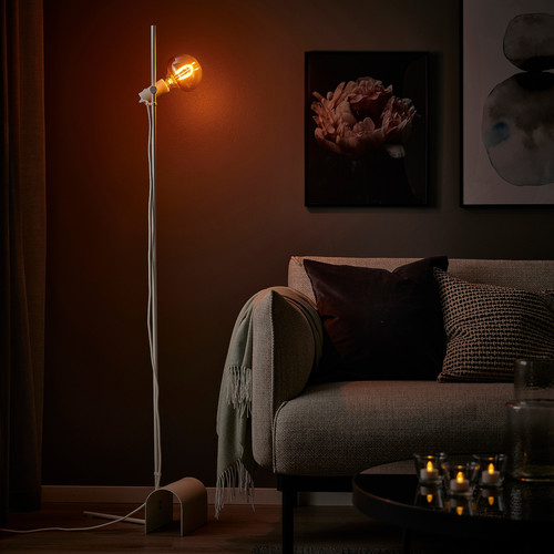 HÅRSLINGA / MOLNART Floor lamp with light bulb, white/mushroom brown clear glass