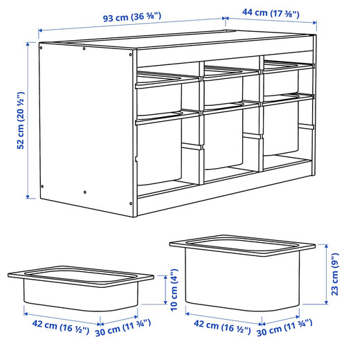 TROFAST Storage combination with boxes, light white stained pine light green/grey, 93x44x52 cm